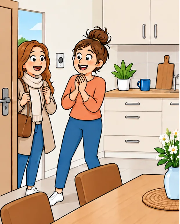 Visitors at the door of a tidy kitchen