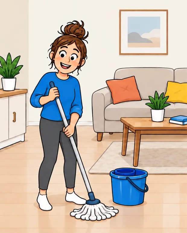 Cheerful mopping in a tidy living room