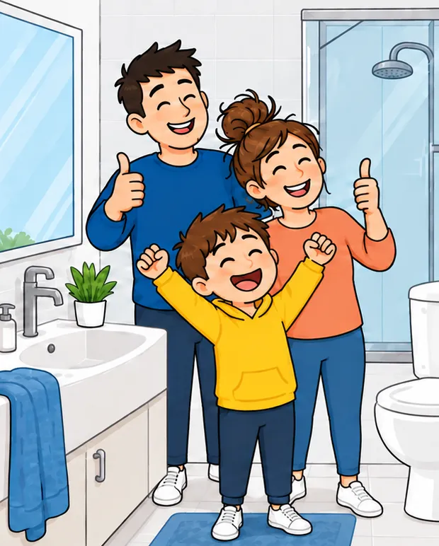 A happy family in a clean bathroom