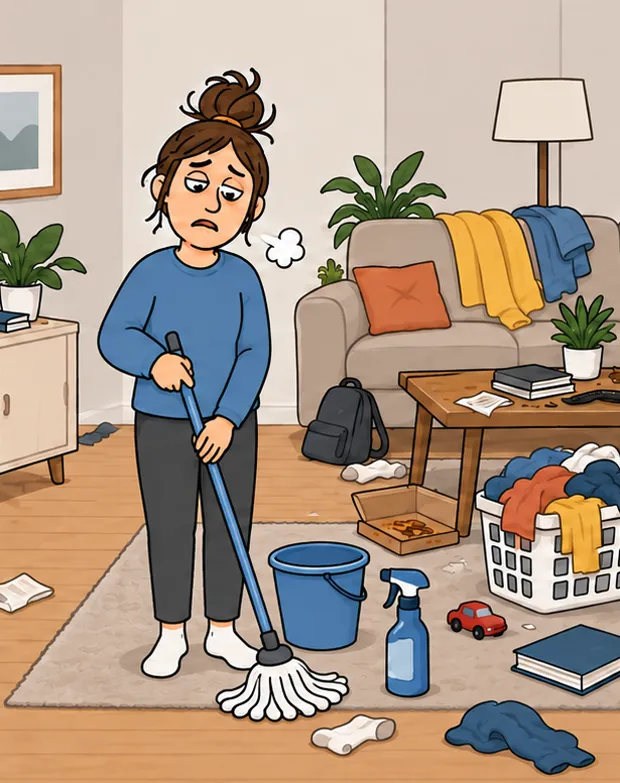 Exhausted mopping in a cluttered living room