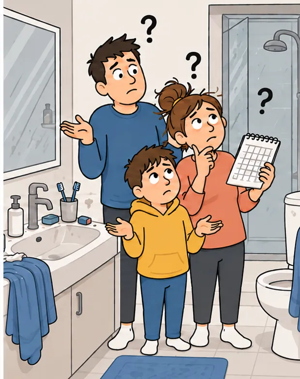 A puzzled family in an unclean bathroom