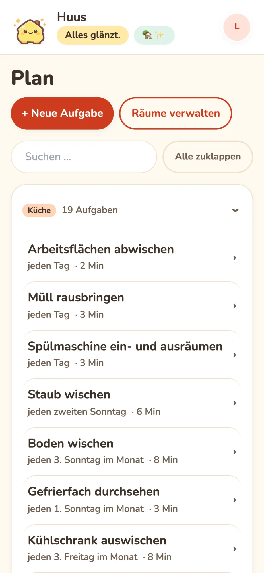 Der Plan, nach Räumen sortiert