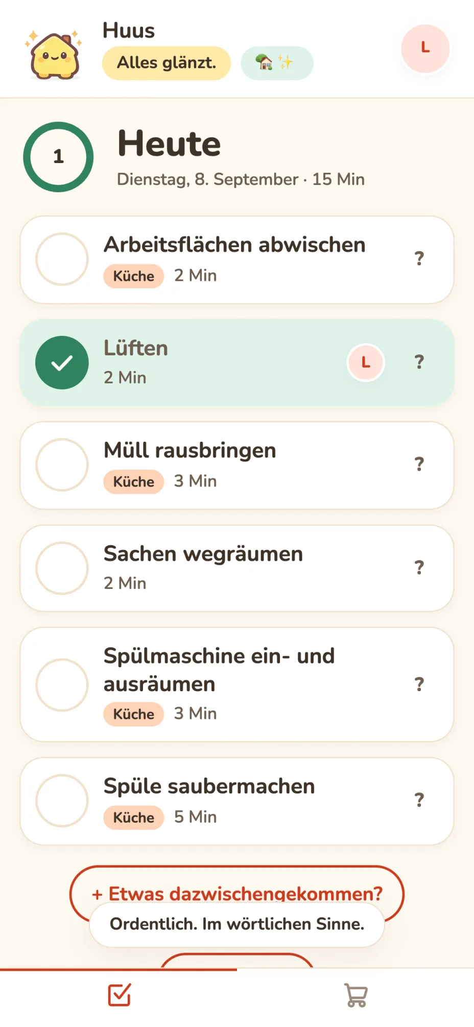 Die Heute-Liste mit Fortschrittsring und einer abgehakten Aufgabe