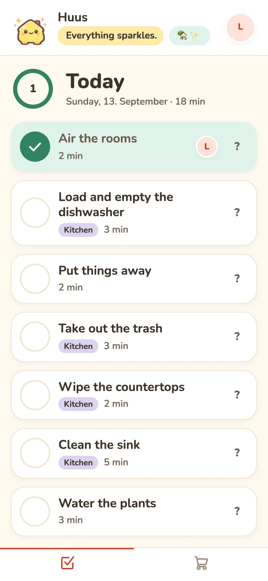 Today's list with the progress ring and one task ticked off